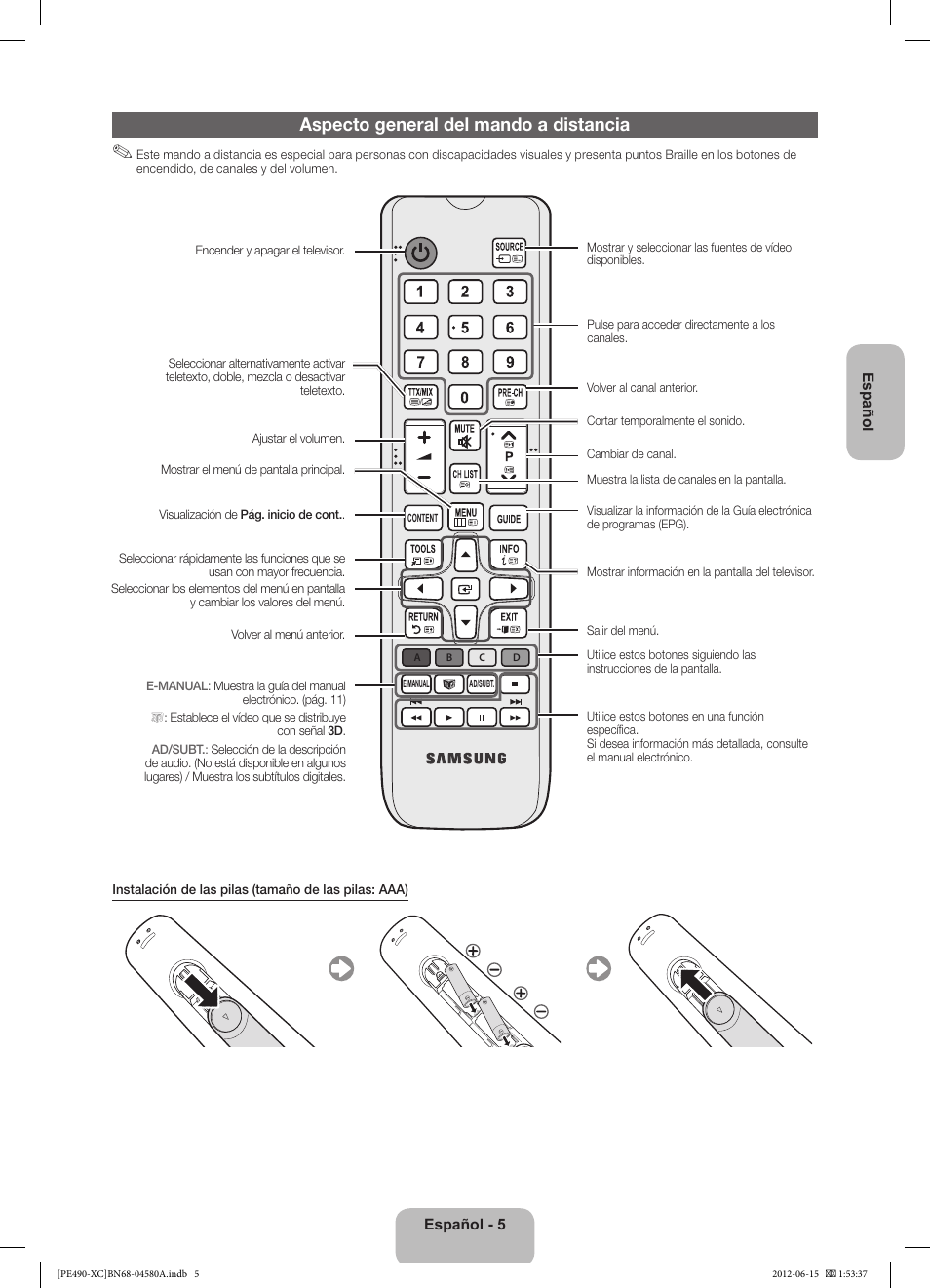 Aspecto general del mando a distancia | Samsung PS51E490B1W User Manual | Page 33 / 57