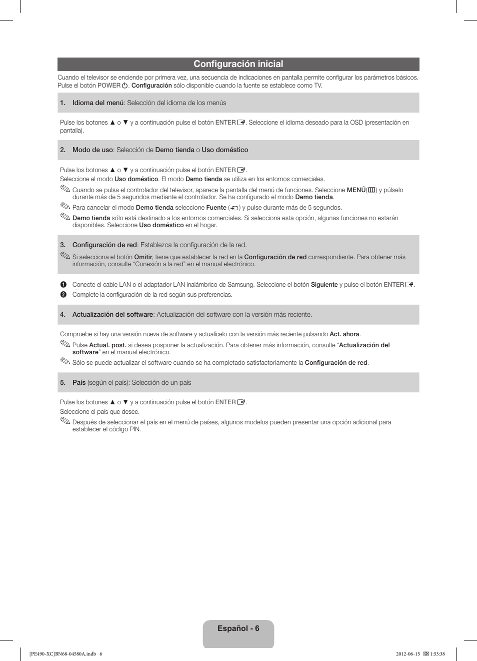 Configuración inicial | Samsung PS51E490B1W User Manual | Page 34 / 57