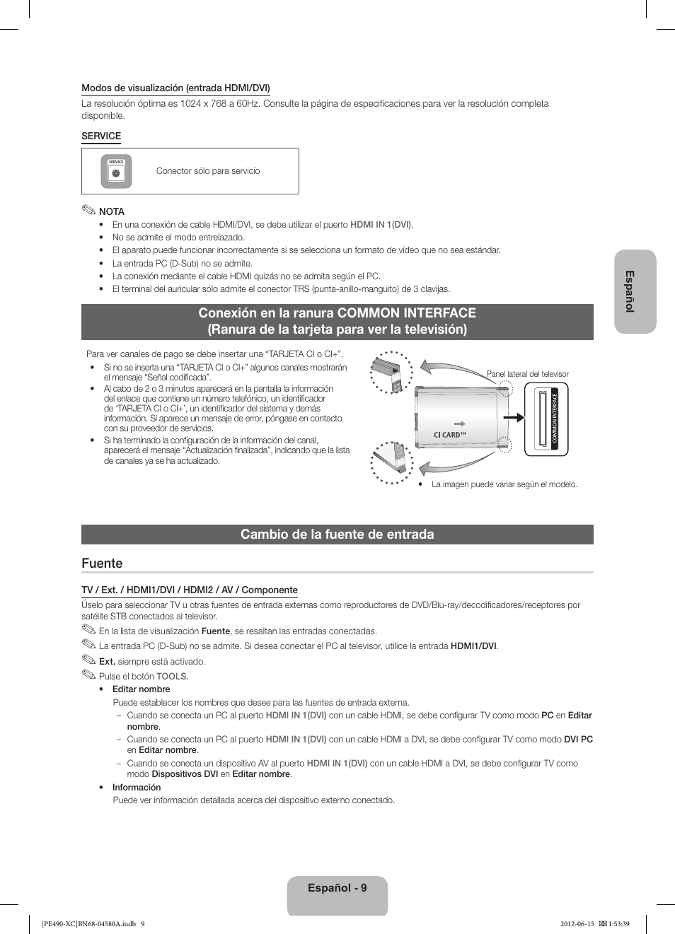 Cambio de la fuente de entrada fuente | Samsung PS51E490B1W User Manual | Page 37 / 57