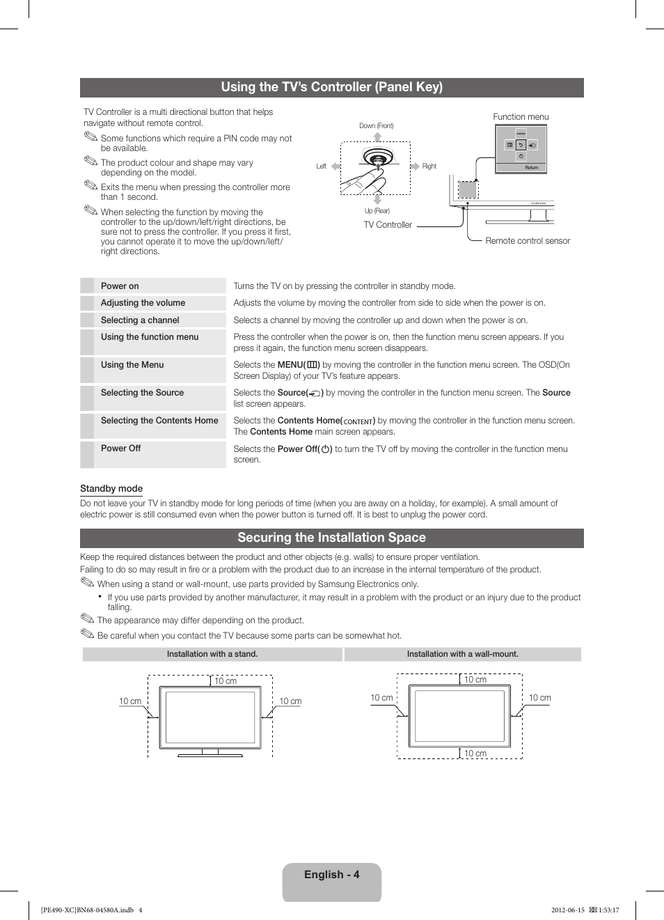 Using the tv’s controller (panel key), Securing the installation space | Samsung PS51E490B1W User Manual | Page 4 / 57