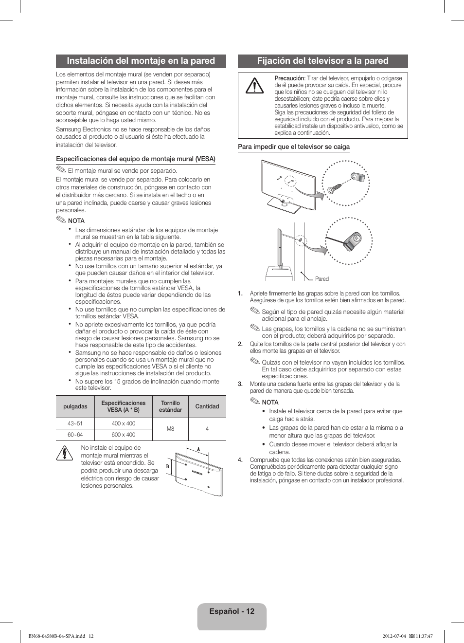 Instalación del montaje en la pared, Fijación del televisor a la pared | Samsung PS51E490B1W User Manual | Page 40 / 57