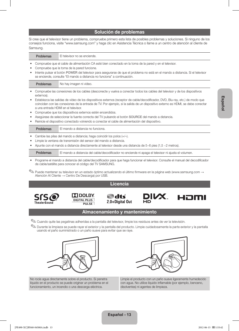 Solución de problemas, Licencia almacenamiento y mantenimiento | Samsung PS51E490B1W User Manual | Page 41 / 57