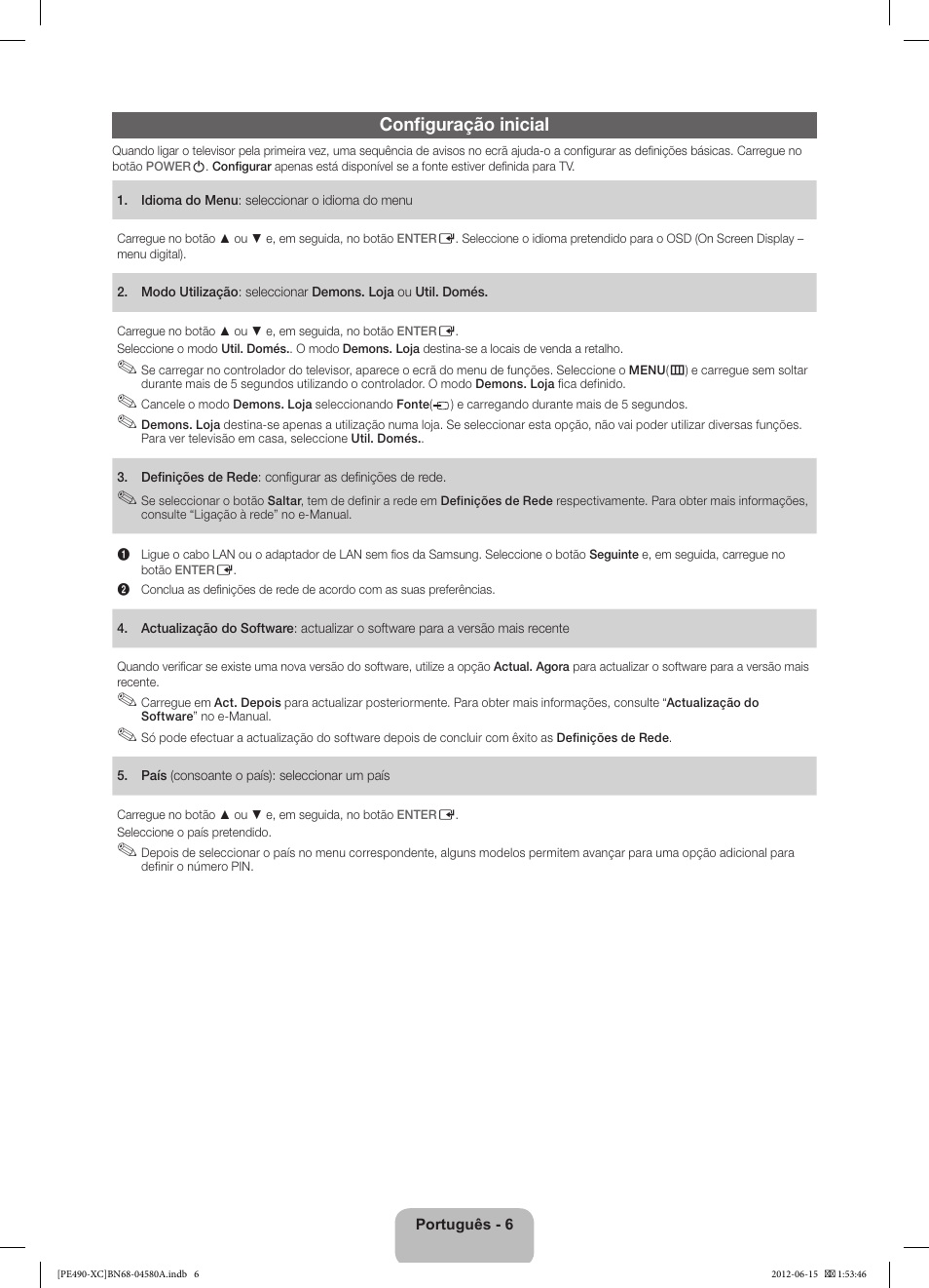 Configuração inicial | Samsung PS51E490B1W User Manual | Page 48 / 57