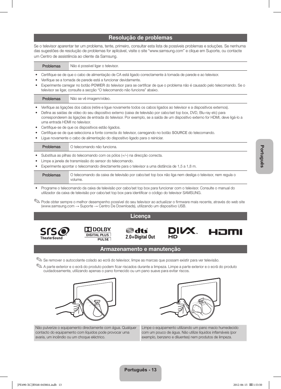 Resolução de problemas, Licença armazenamento e manutenção | Samsung PS51E490B1W User Manual | Page 55 / 57