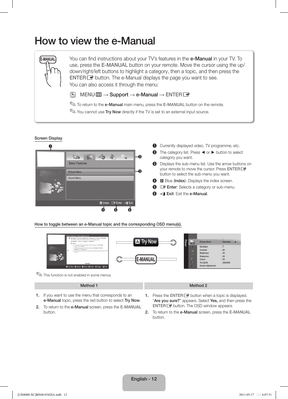 How to view the e-manual, A try now, E-manual | Menu m → support → e-manual → enter e | Samsung UE32D4010NW User Manual | Page 12 / 66