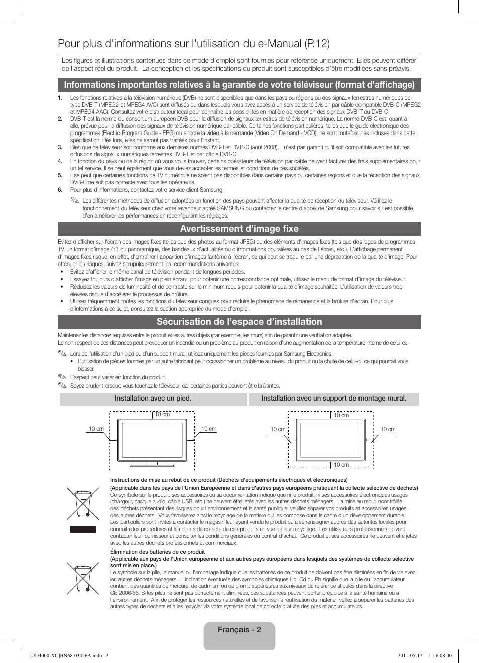 Avertissement d’image fixe, Sécurisation de l’espace d’installation | Samsung UE32D4010NW User Manual | Page 18 / 66