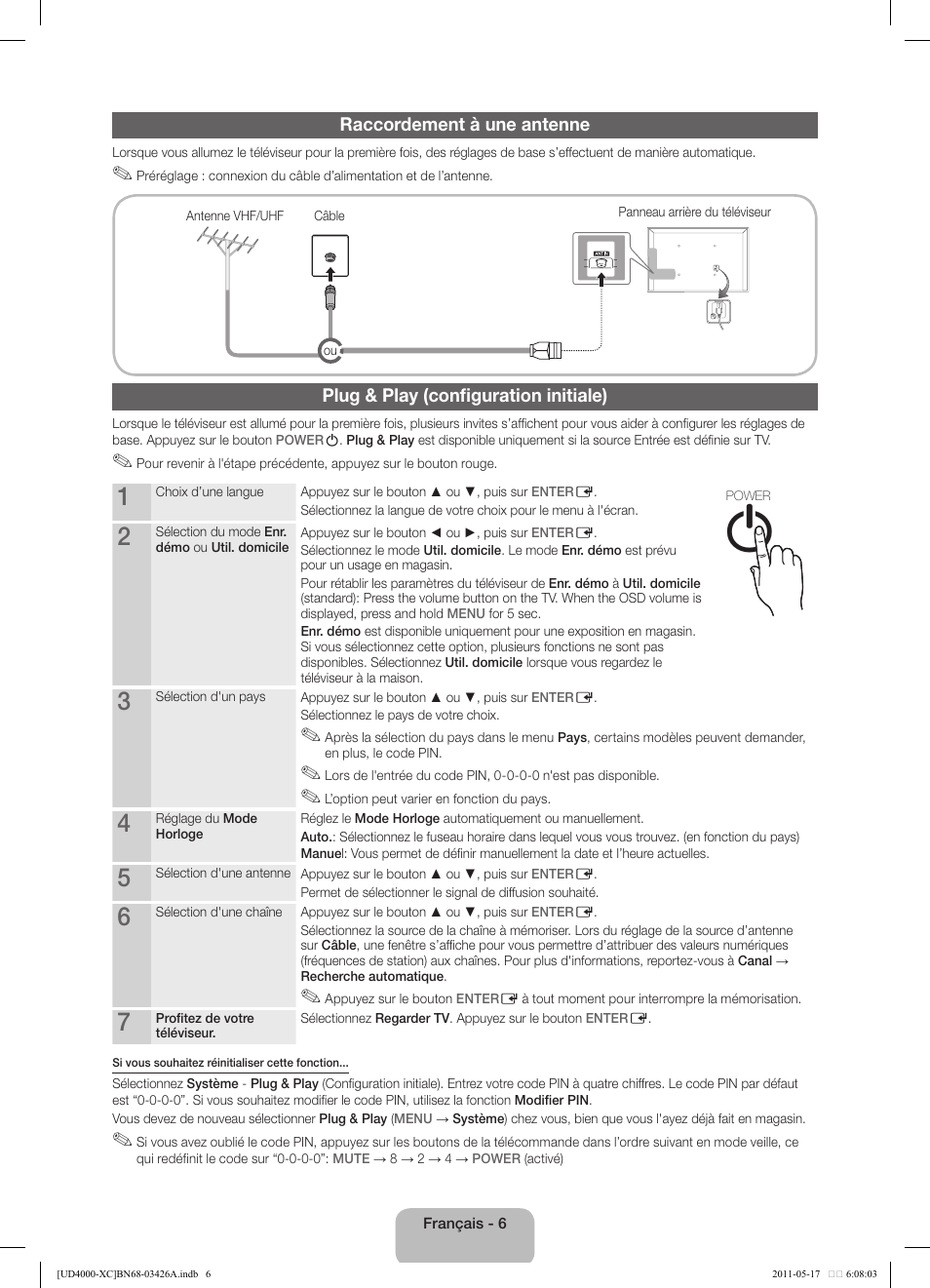 Raccordement à une antenne, Plug & play (configuration initiale) | Samsung UE32D4010NW User Manual | Page 22 / 66