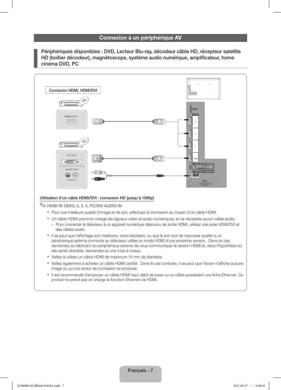 Connexion à un périphérique av | Samsung UE32D4010NW User Manual | Page 23 / 66