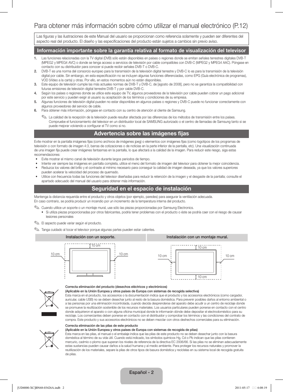 Advertencia sobre las imágenes fijas, Seguridad en el espacio de instalación | Samsung UE32D4010NW User Manual | Page 34 / 66