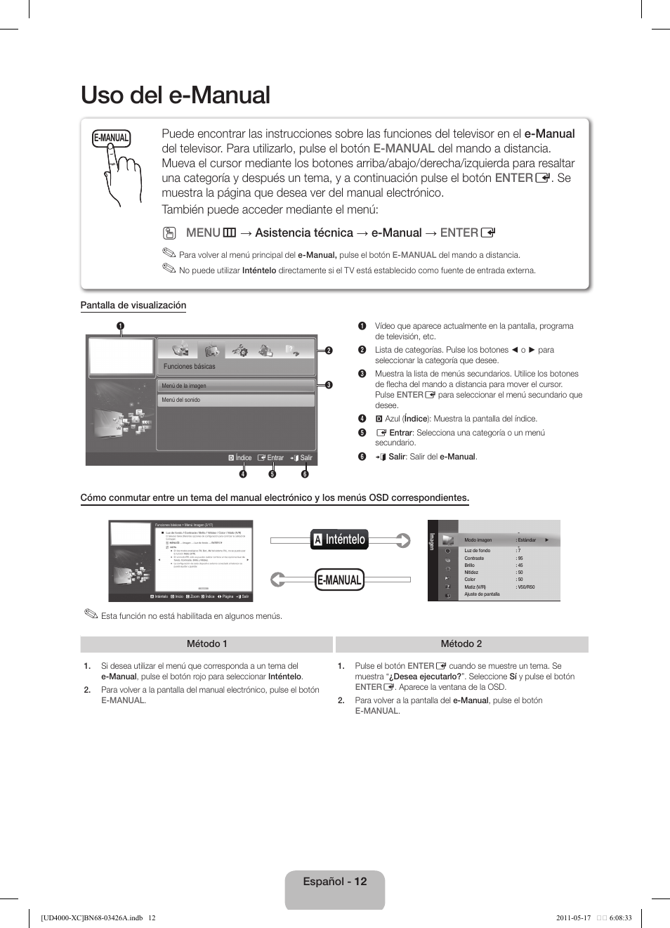 Uso del e-manual, A inténtelo, E-manual | Menu m → asistencia técnica → e-manual → enter e | Samsung UE32D4010NW User Manual | Page 44 / 66