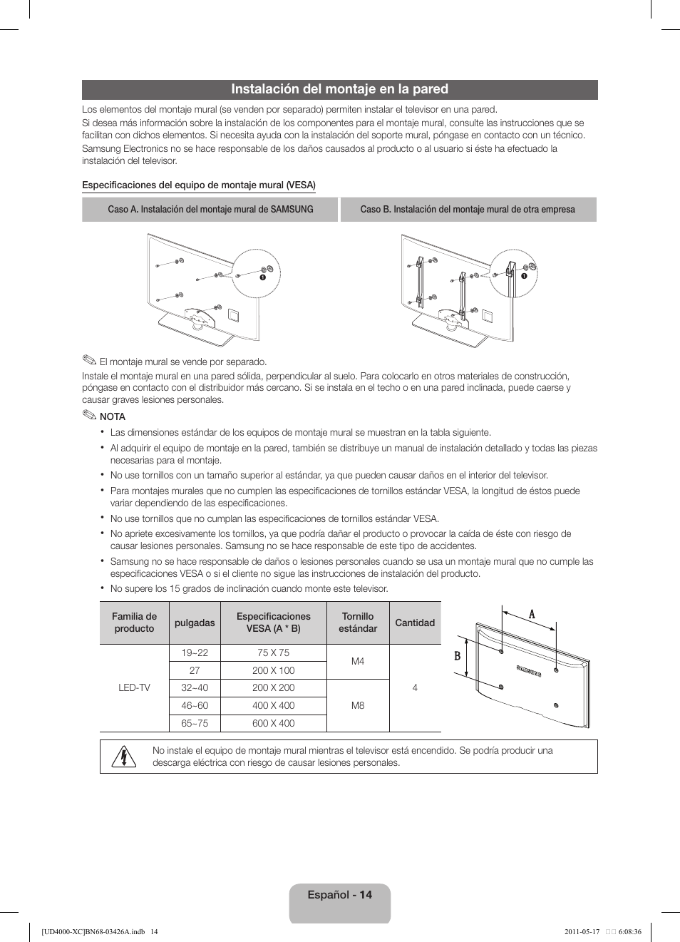 Instalación del montaje en la pared | Samsung UE32D4010NW User Manual | Page 46 / 66