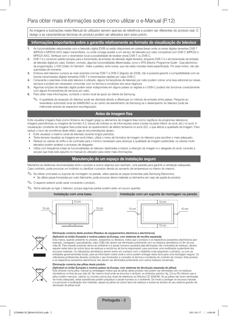 Aviso de imagem fixa, Manutenção de um espaço de instalação seguro | Samsung UE32D4010NW User Manual | Page 50 / 66