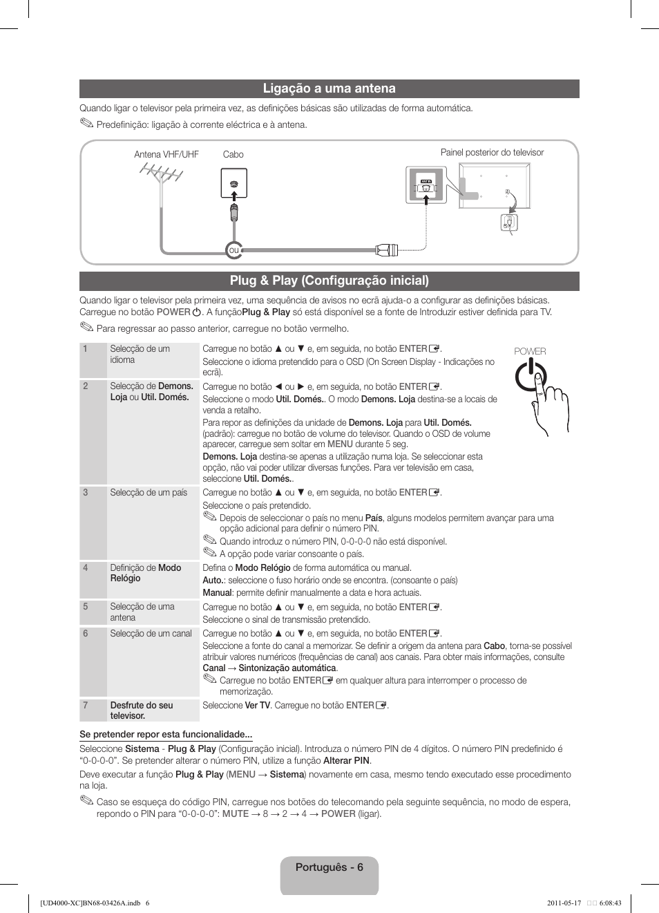 Ligação a uma antena, Plug & play (configuração inicial) | Samsung UE32D4010NW User Manual | Page 54 / 66