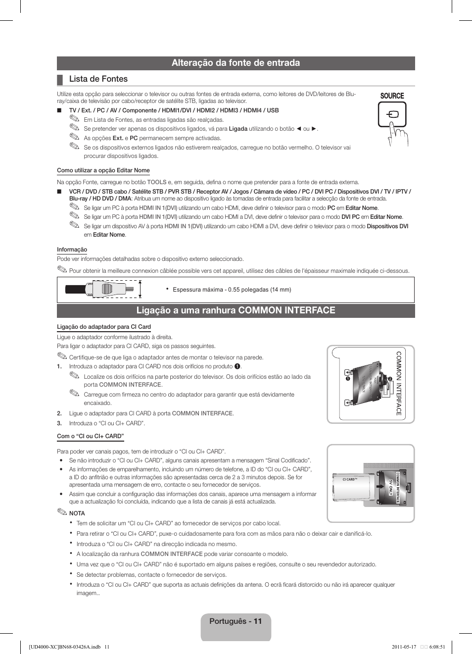 Alteração da fonte de entrada, Ligação a uma ranhura common interface | Samsung UE32D4010NW User Manual | Page 59 / 66