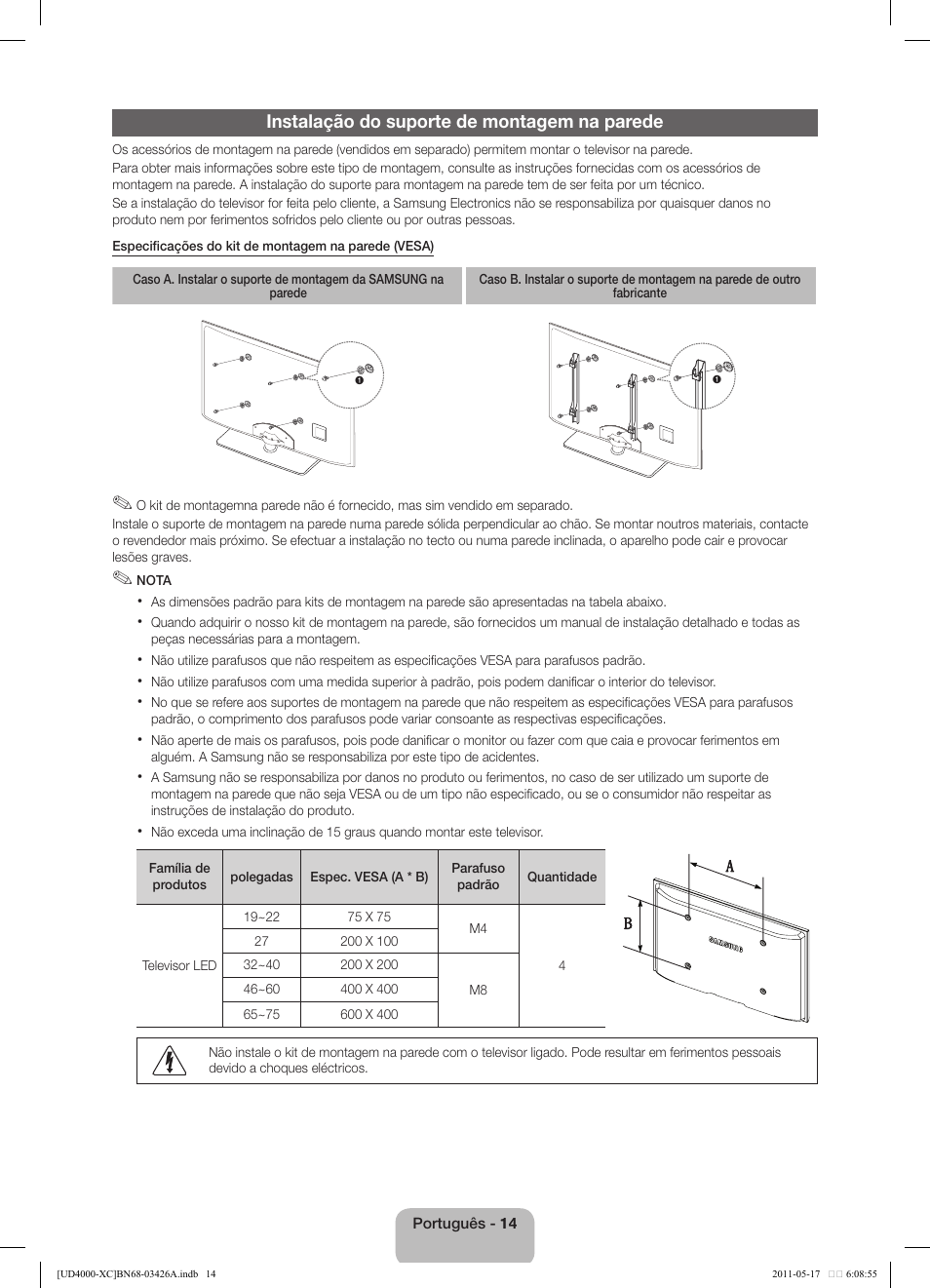 Instalação do suporte de montagem na parede | Samsung UE32D4010NW User Manual | Page 62 / 66