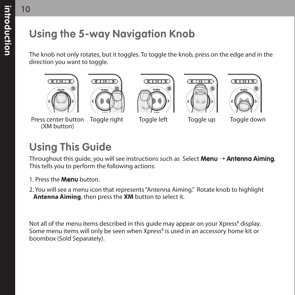 Using the 5-way navigation knob, Using this guide | Audiovox XPRESS XMCK-20P User Manual | Page 10 / 62