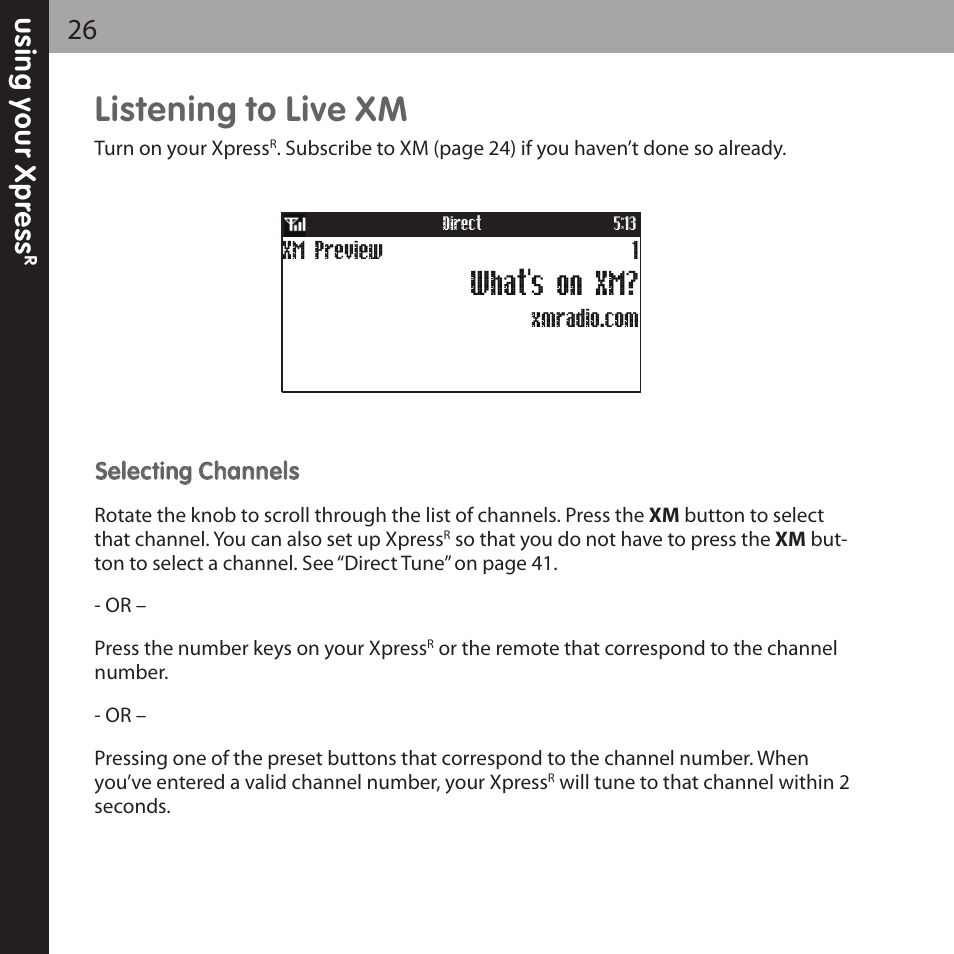 Listening to live xm, What's on xm | Audiovox XPRESS XMCK-20P User Manual | Page 26 / 62