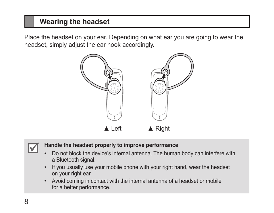 Wearing the headset, 8wearing the headset | Samsung BHM1100 User Manual | Page 10 / 75