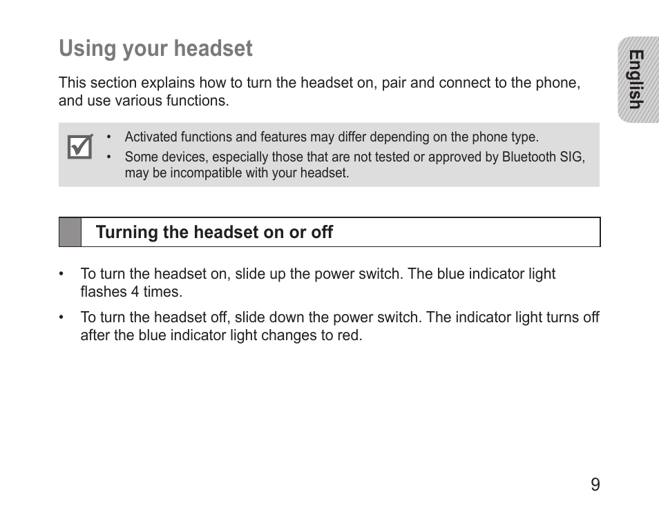 Using your headset, Turning the headset on or off | Samsung BHM1100 User Manual | Page 11 / 75