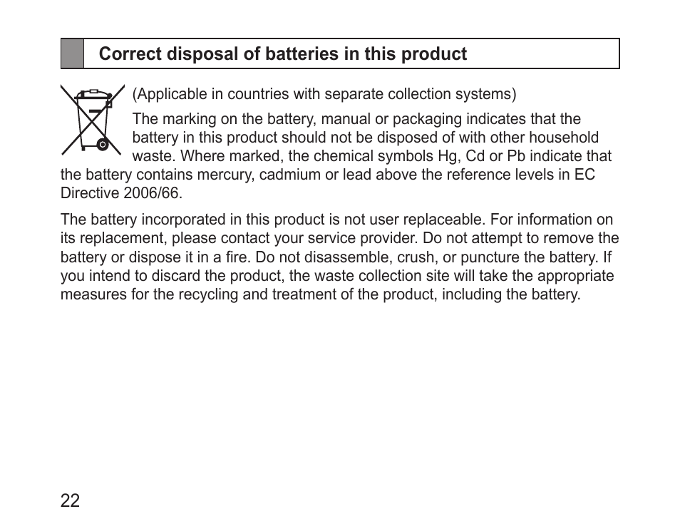 Correct disposal of batteries in this product | Samsung BHM1100 User Manual | Page 24 / 75