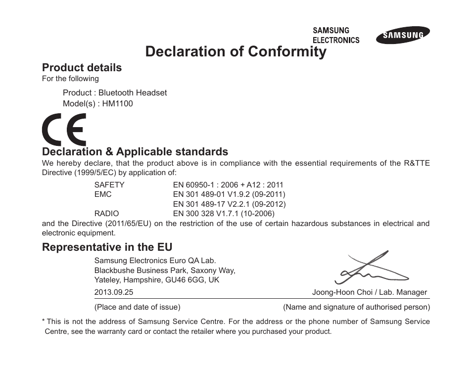 Declaration of conformity, Product details, Declaration & applicable standards | Representative in the eu | Samsung BHM1100 User Manual | Page 26 / 75