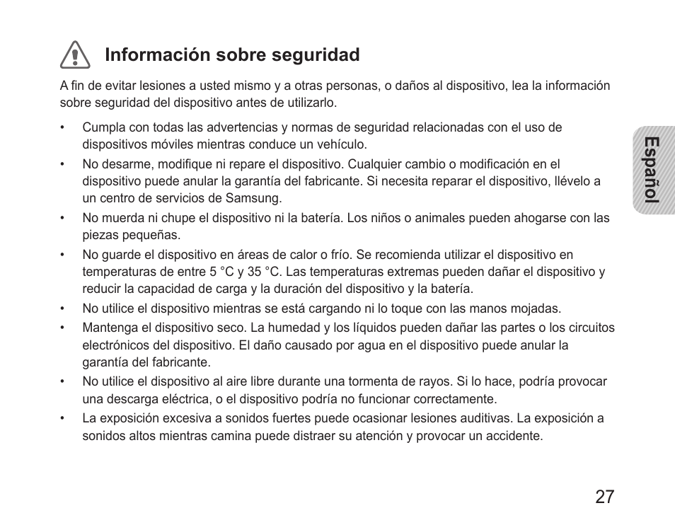 Español 27 información sobre seguridad | Samsung BHM1100 User Manual | Page 29 / 75
