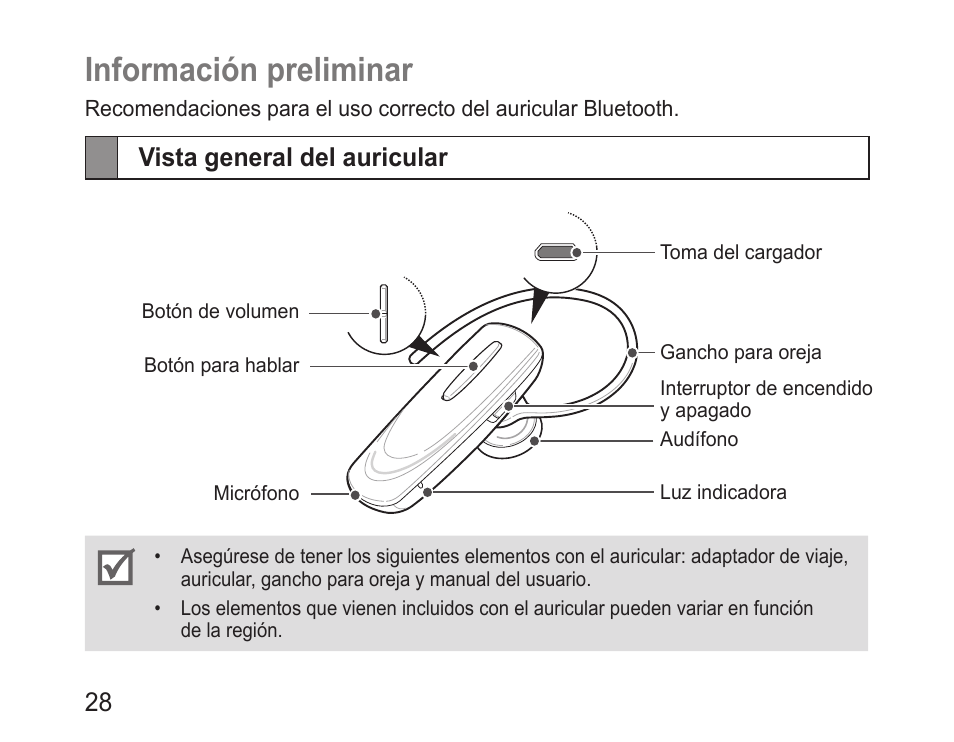 Información preliminar, Vista general del auricular | Samsung BHM1100 User Manual | Page 30 / 75