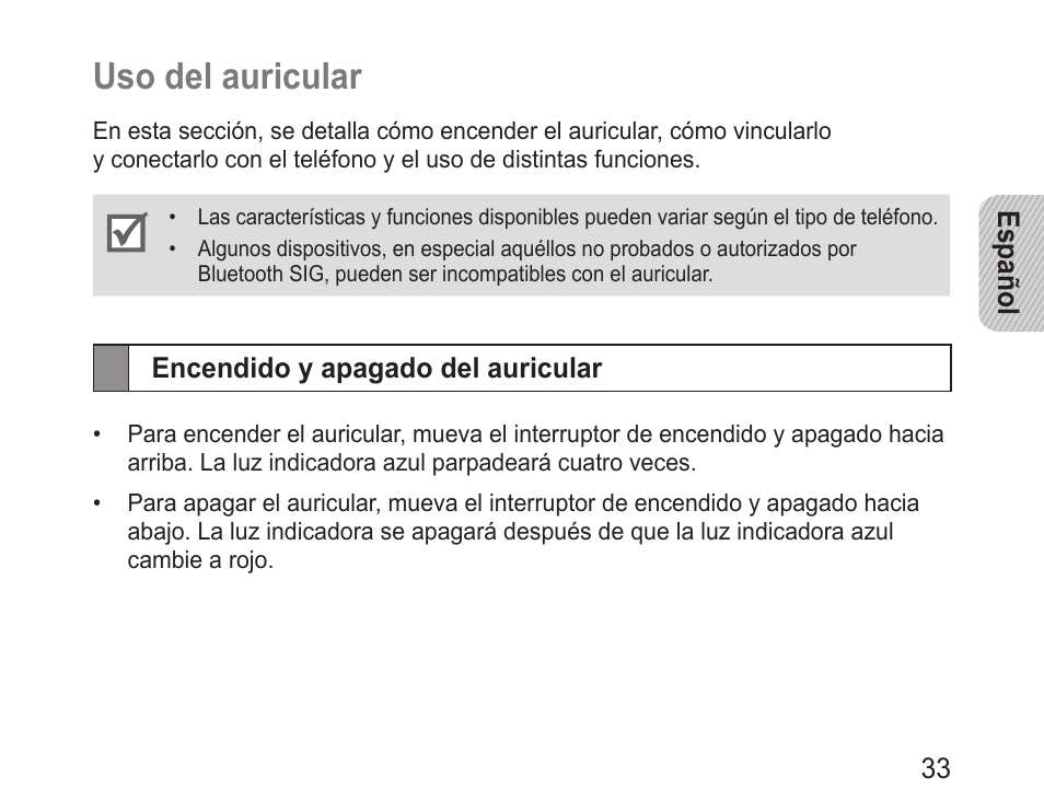 Uso del auricular, Encendido y apagado del auricular | Samsung BHM1100 User Manual | Page 35 / 75