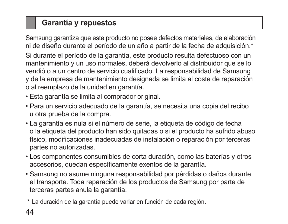 Garantía y repuestos | Samsung BHM1100 User Manual | Page 46 / 75