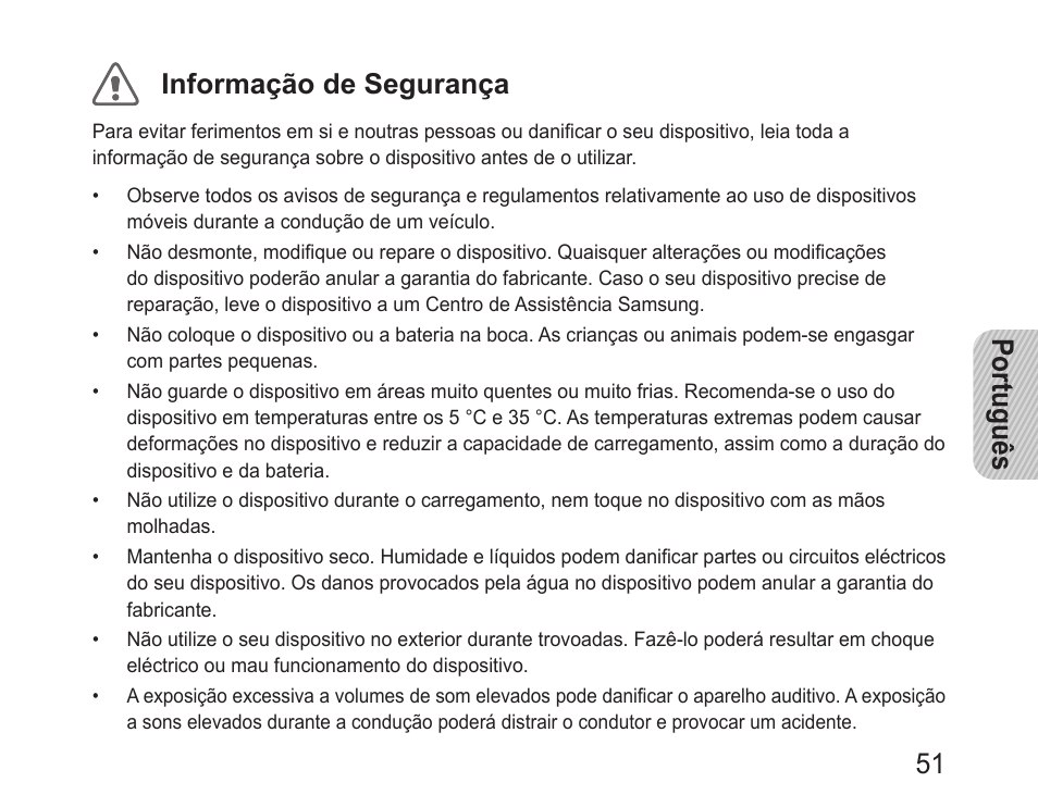 51 português informação de segurança | Samsung BHM1100 User Manual | Page 53 / 75