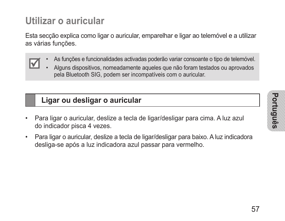 Utilizar o auricular, Ligar ou desligar o auricular | Samsung BHM1100 User Manual | Page 59 / 75