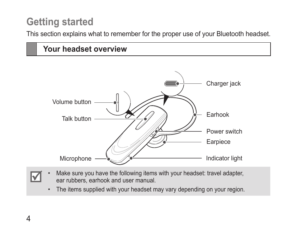 Getting started, Your headset overview | Samsung BHM1100 User Manual | Page 6 / 75