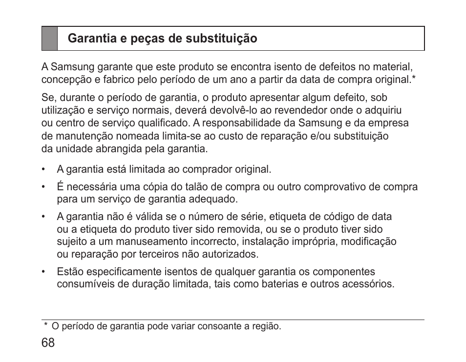 Garantia e peças de substituição | Samsung BHM1100 User Manual | Page 70 / 75