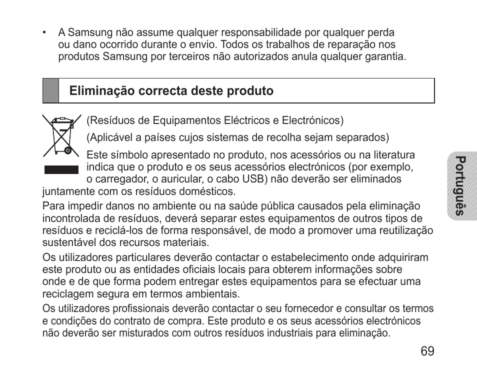 Eliminação correcta deste produto | Samsung BHM1100 User Manual | Page 71 / 75