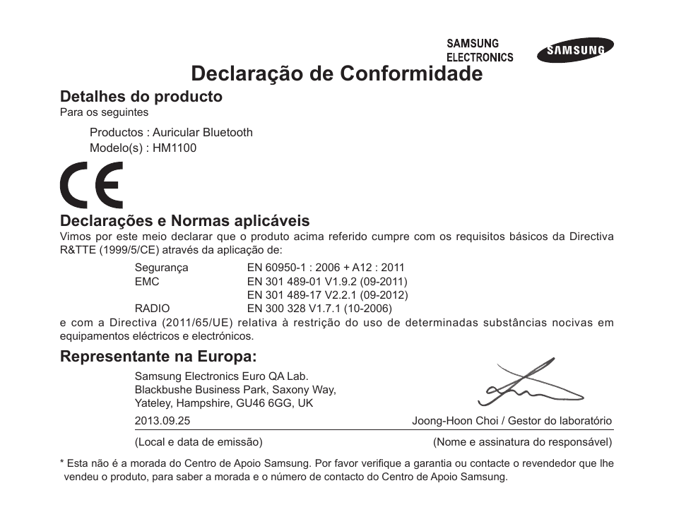 Declaração de conformidade, Detalhes do producto, Declarações e normas aplicáveis | Representante na europa | Samsung BHM1100 User Manual | Page 74 / 75