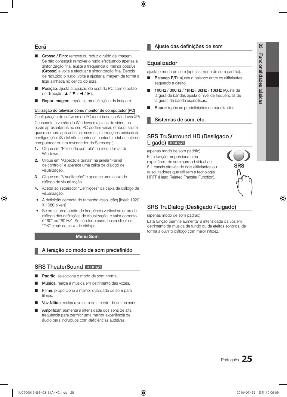 Ecrã, Srs theatersound, Equalizador | Srs trusurround hd (desligado / ligado), Srs trudialog (desligado / ligado) | Samsung UE46C9000ZW User Manual | Page 217 / 386