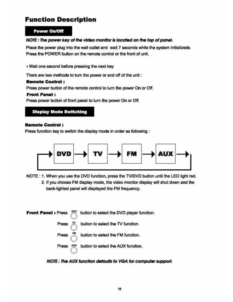 Function description, Khaplay mode switching, Remote control | Audiovox VE 1510DV User Manual | Page 17 / 60