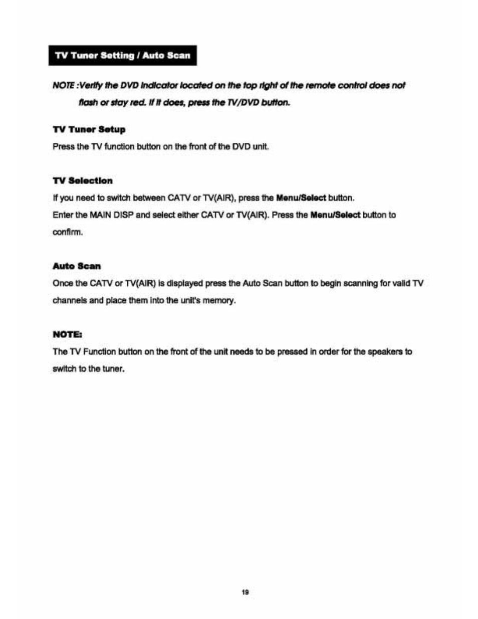 Tv tun«r setting / alito sean, Tv tunor sotup, Tvsoloctlon | Auto scan, Note | Audiovox VE 1510DV User Manual | Page 18 / 60