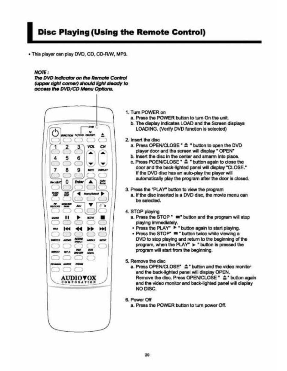 Disc playing (using the remote control) | Audiovox VE 1510DV User Manual | Page 19 / 60