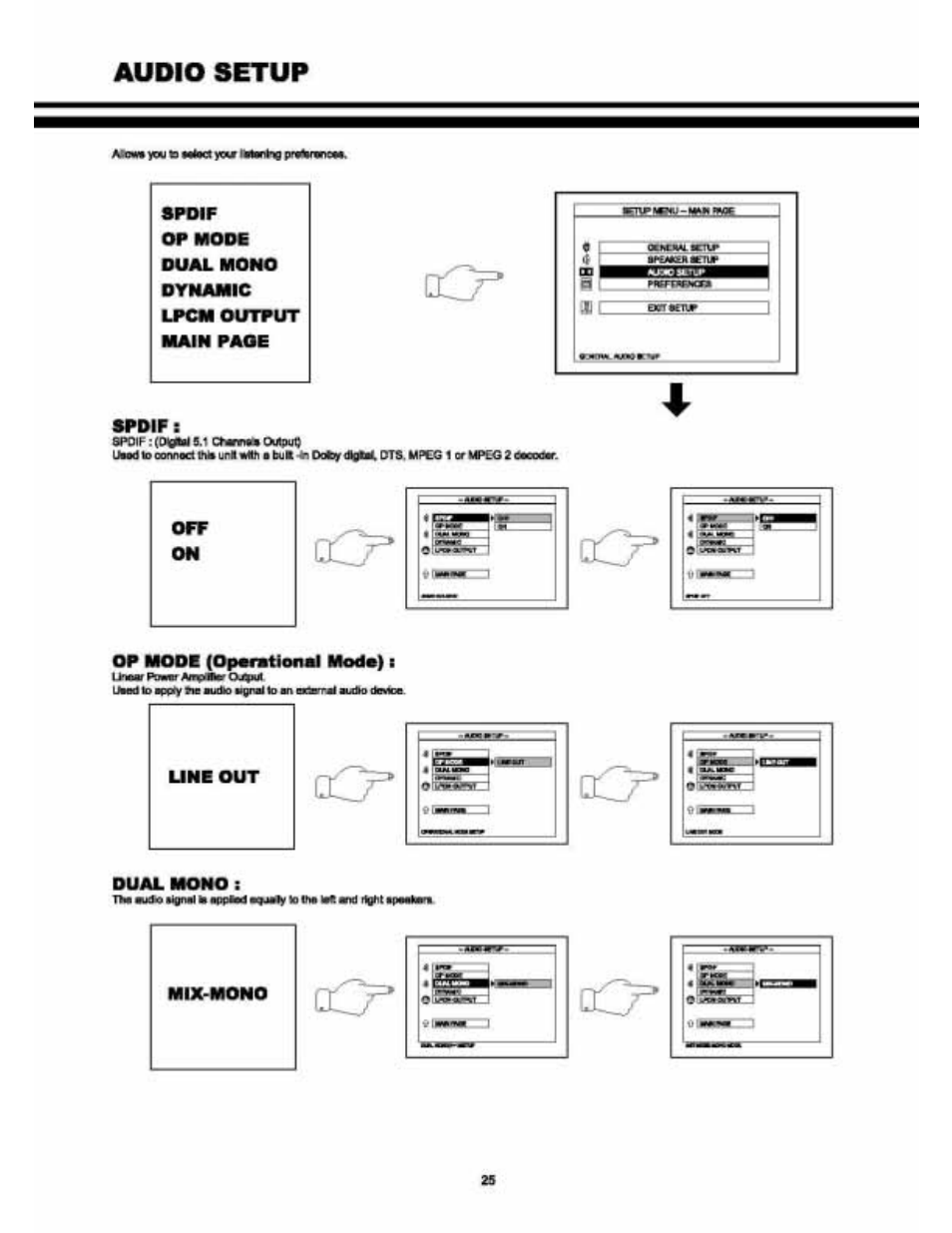 Spdif, Audio setup | Audiovox VE 1510DV User Manual | Page 24 / 60