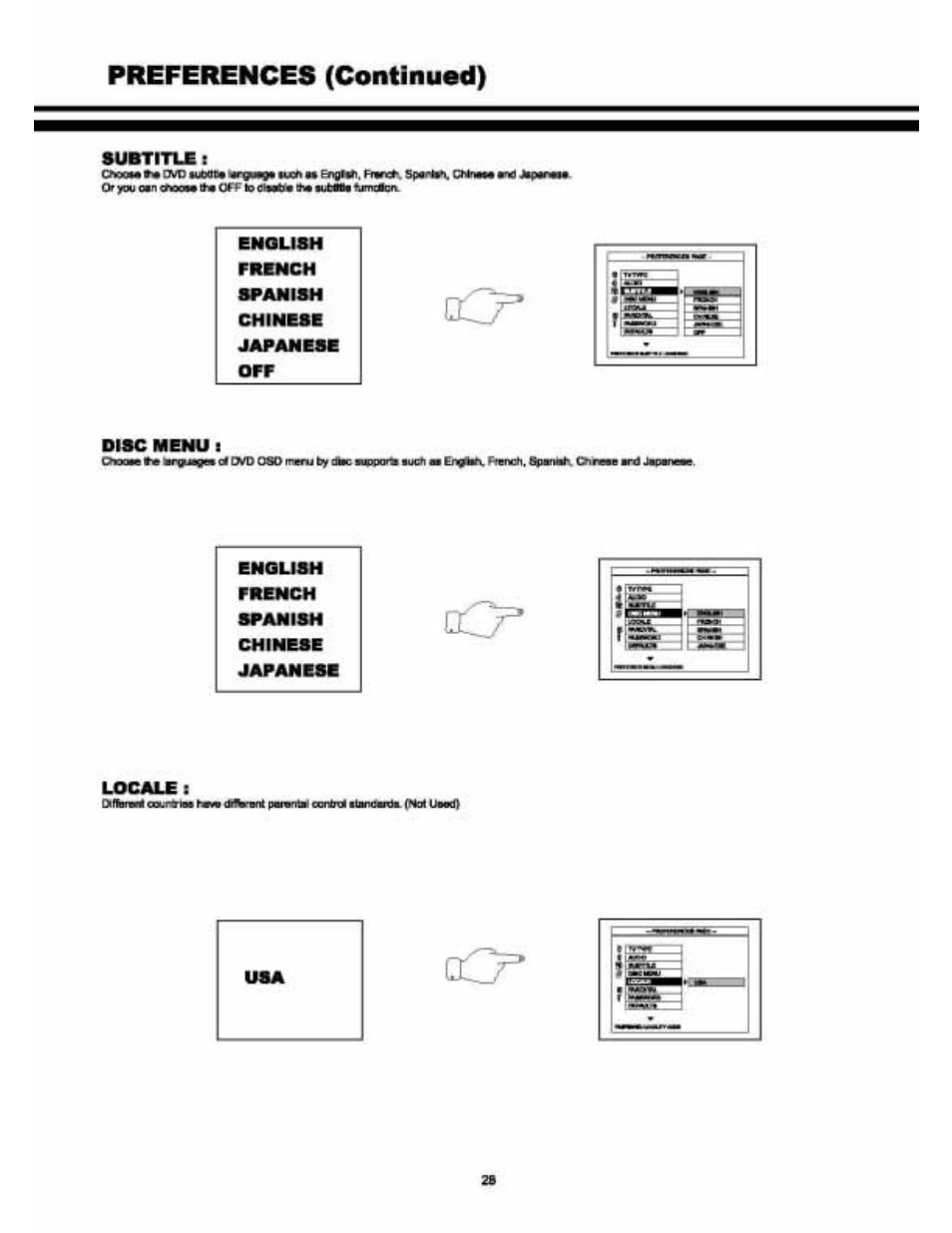 Preferences (continued) | Audiovox VE 1510DV User Manual | Page 27 / 60