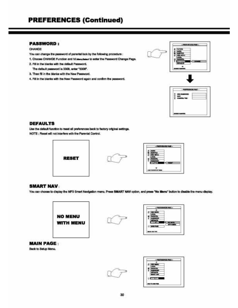 Defaults, Smart nav, Main paoe | Preferences (continued) | Audiovox VE 1510DV User Manual | Page 29 / 60