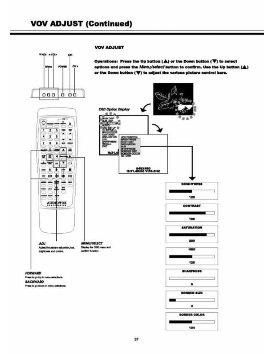 Vov adjust (continued), Vov aohjtt, Cth# down tho up puttoo | Tho down powofi | Audiovox VE 1510DV User Manual | Page 36 / 60