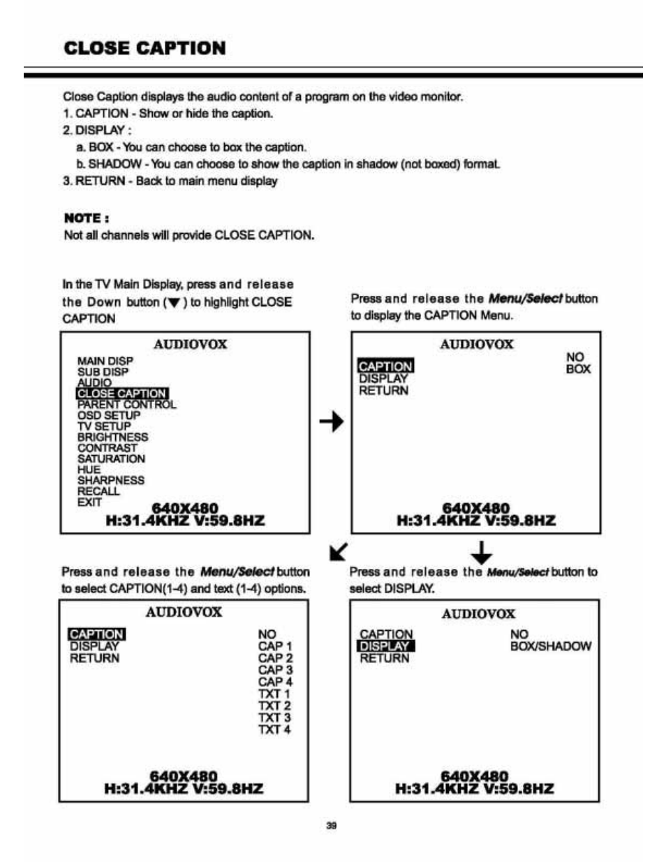 Audiovox, Close caption | Audiovox VE 1510DV User Manual | Page 38 / 60