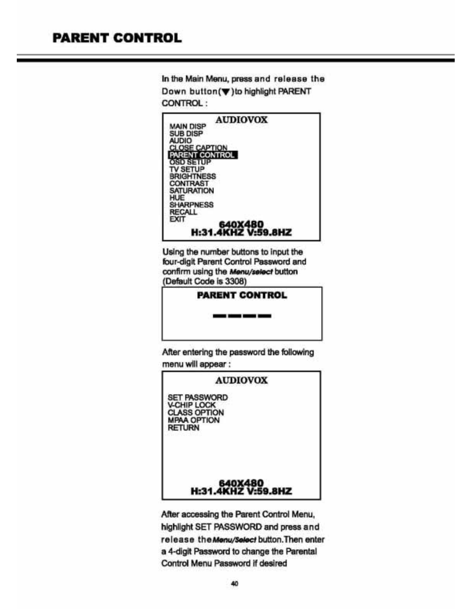 Audiovox, Parent control, 6mx480 | Audiovox VE 1510DV User Manual | Page 39 / 60