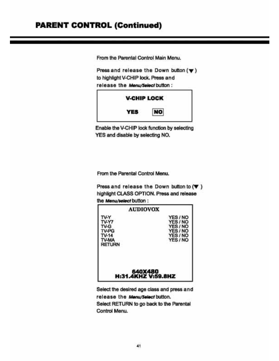 Parent control (continued) | Audiovox VE 1510DV User Manual | Page 40 / 60