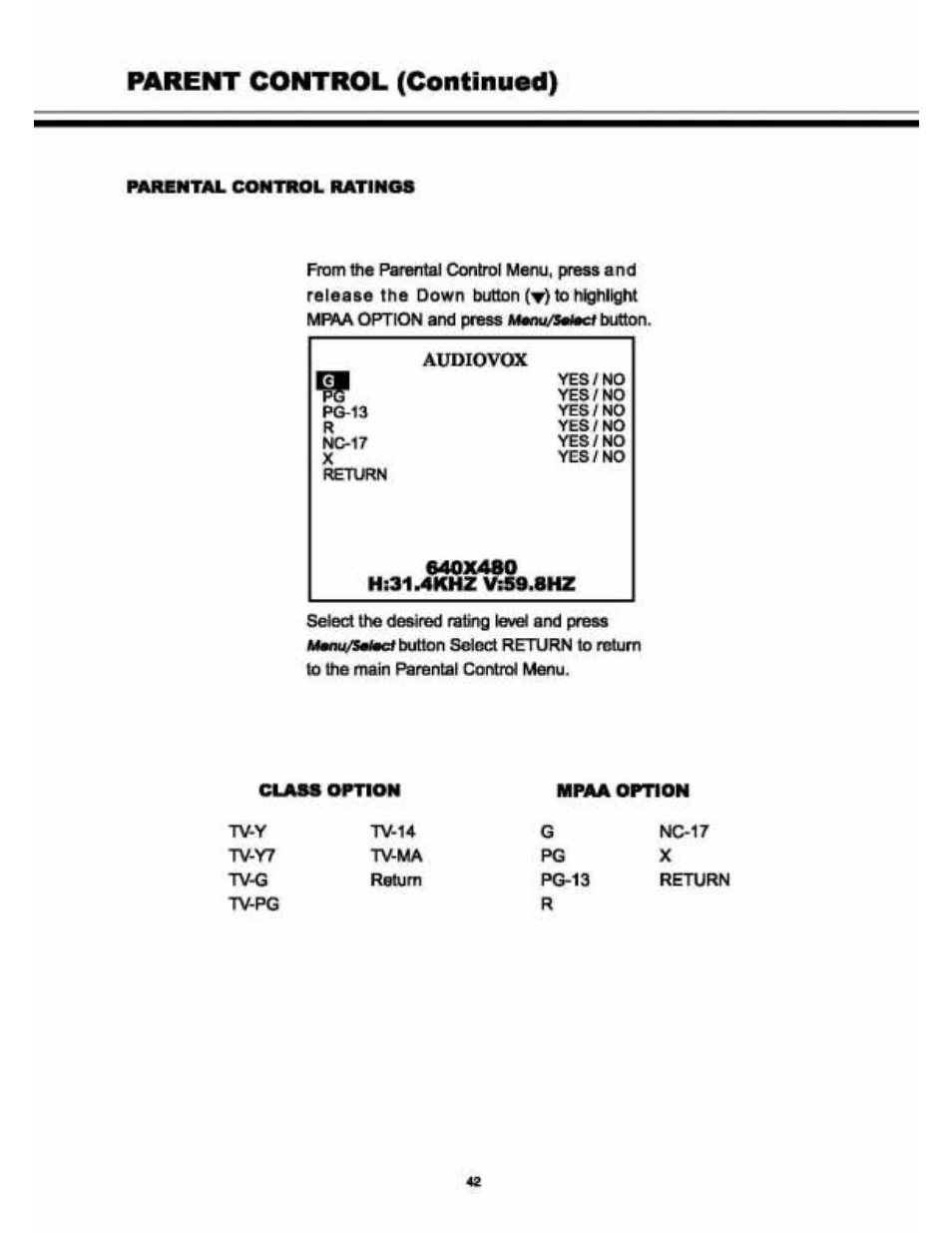 Parent control (continued) | Audiovox VE 1510DV User Manual | Page 41 / 60