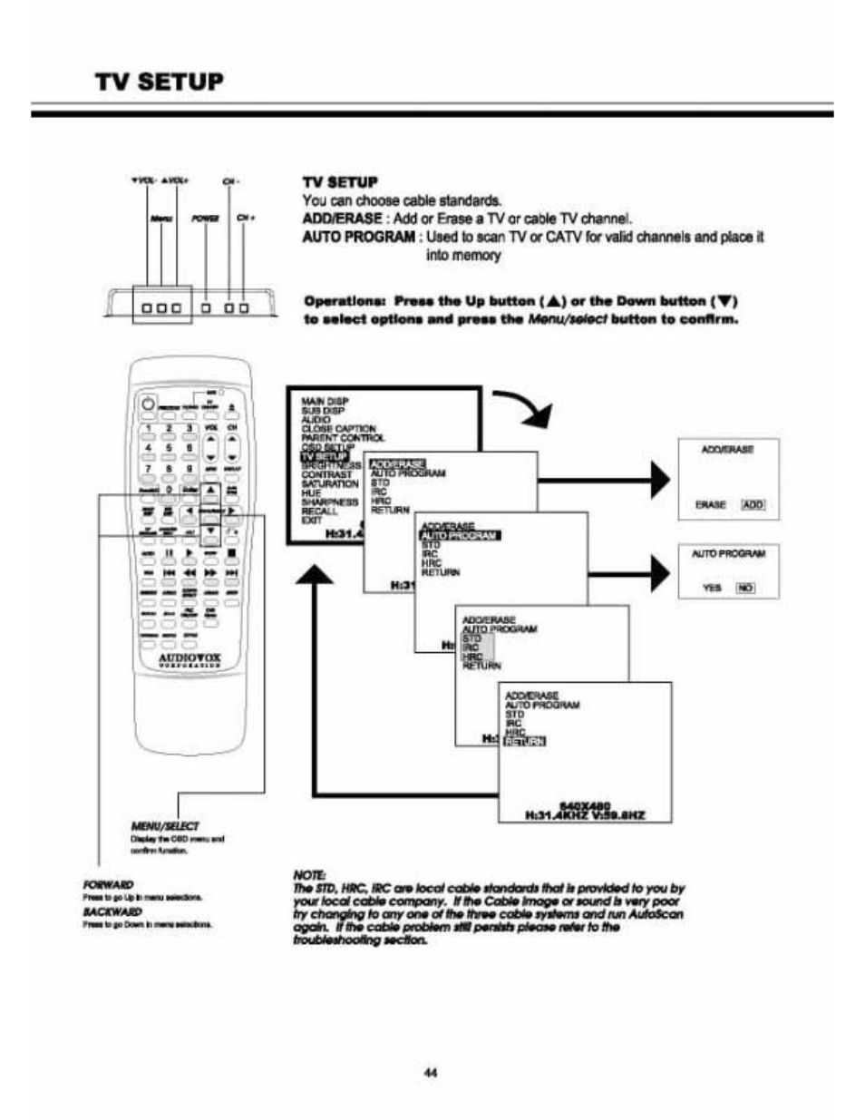 Tv setup, You can choose cable etandards, Aooiera8e : add or erase a tv or caole tv channel | Audiovox VE 1510DV User Manual | Page 43 / 60
