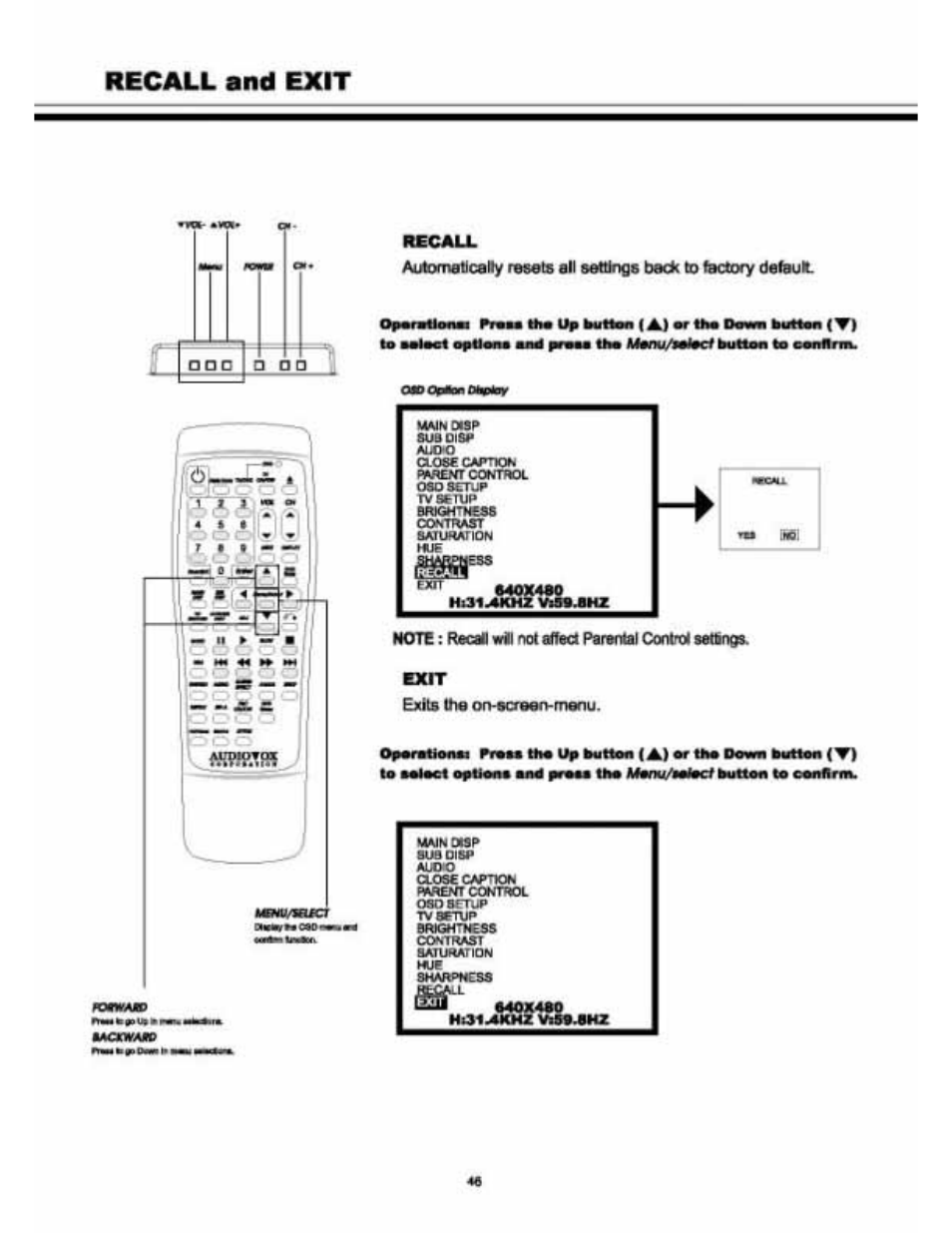 Recall and exit, Hecall, Suaoisp | Rvssnjp, Exit, Exits the orvecreen-menu, Tvarrxip, Auoo close captxjn m^ent control ososctup, Brightness contrast, Imjn oop | Audiovox VE 1510DV User Manual | Page 45 / 60