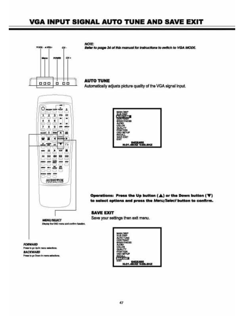Sava your saltings than axit manu, Vga input signal auto tune and save exit | Audiovox VE 1510DV User Manual | Page 46 / 60